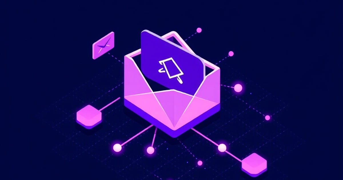 Flat isometric illustration of an open violet envelope with a white outlined tag on the letter, a small envelope icon and glowing nodes around it.