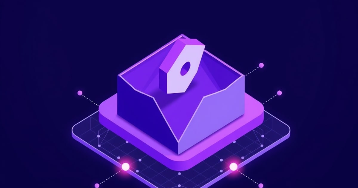 Flat isometric open violet envelope on a rounded pedestal with a pale keyhole shield rising from it, over a grid platform lit by two bright pink dots.