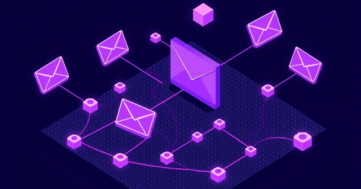 Isometric view of three parallel email forwarding pipelines with masking shields