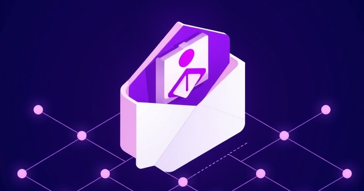 Flat isometric white envelope, open, holding a violet card marked with a pink person glyph, over a wide lattice of pink dots and connecting lines.