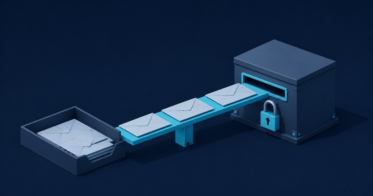 Blue 3D envelopes move from an inbox tray along a conveyor into a locked mail server, symbolizing a secure email migration.