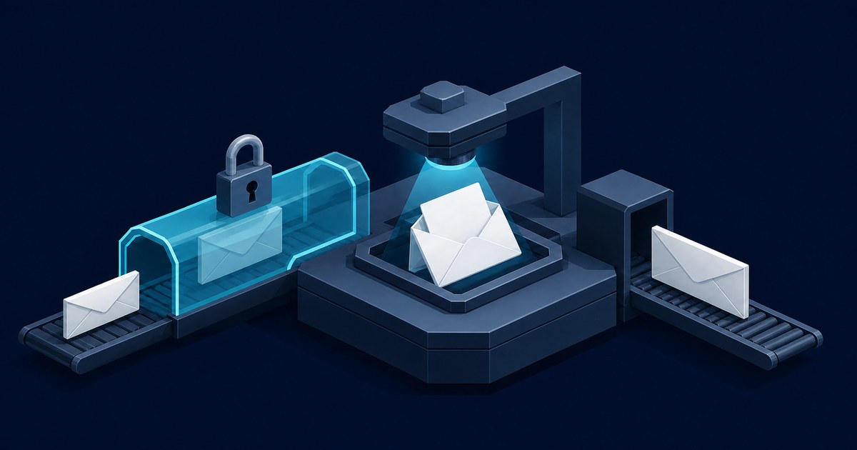Envelopes on an isometric conveyor pass through a padlocked glass tunnel, then an overhead scanner beams light onto one opened email before it exits.
