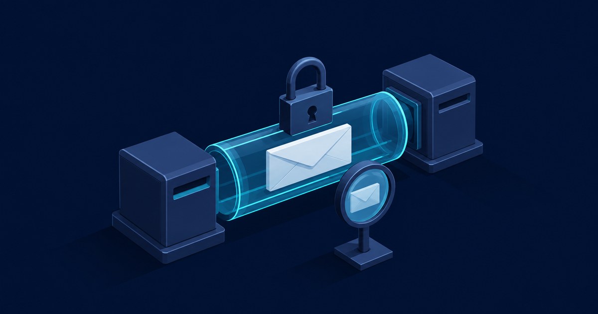 A glowing transparent mail tube carries an envelope between two servers, secured by a padlock in a dark blue 3D scene.